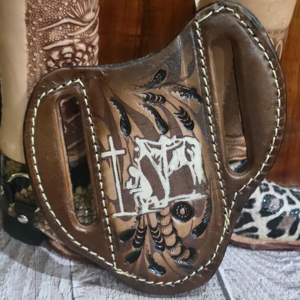 Praying Cowboy Handcrafted Western Leather Knife Sheath / Multi-Use Belt Holder